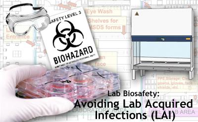 Collage of laboratory equipment and biohazard signage